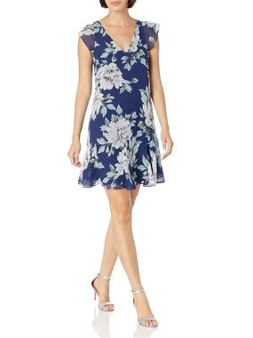 2/$30 Adrianna Papell Floral Deep V Neck Cap Sleeve Shift Dress Size 12 #2486